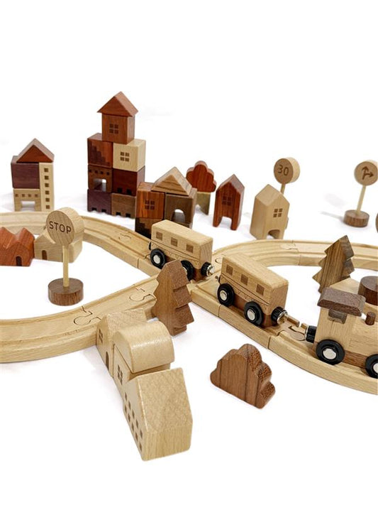Mighty Leaner Town Explorer - Natural Pine Block and Train Track Set